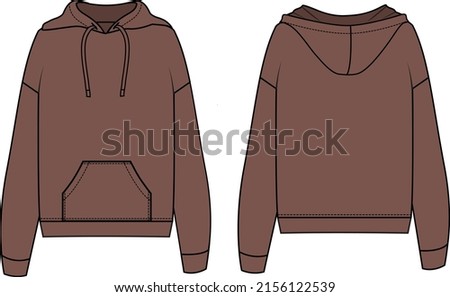 Unisex Oversize Hooded Sweatshirt. Sweatshirt  technical fashion illustration with cord. Flat apparel sweat template front and back, brown colour. Unisex CAD mock-up. Foto stock © 