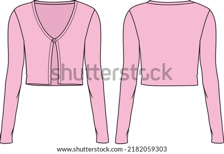 Women's Rib Crop, Open Front Cardigan. Cardigan technical fashion illustration. Flat apparel cardigan template front and back, pink colour. Women's CAD mock-up.