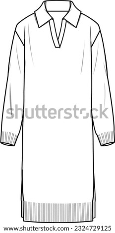Women's Polo Neck Slouchy Dress - Technical fashion illustration. Front, white. Women's CAD mock-up.