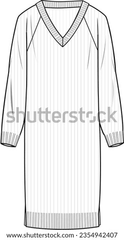 Women's V-Neck Slouchy Dress - Technical fashion illustration. Front, white. Women's CAD mock-up.