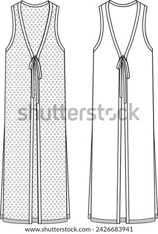Women's Tie Front, Long Line Crochet Vest Top. Technical fashion vest illustration. Front, white color. Women's CAD mock-up.