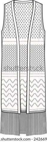 Women's Fringe Hem, Long Line Crochet Vest. Technical fashion vest illustration. Front, white color. Women's CAD mock-up.