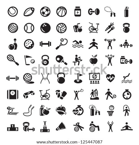 64 Fitness and Sport vector icons for web and mobile. All elements are grouped.