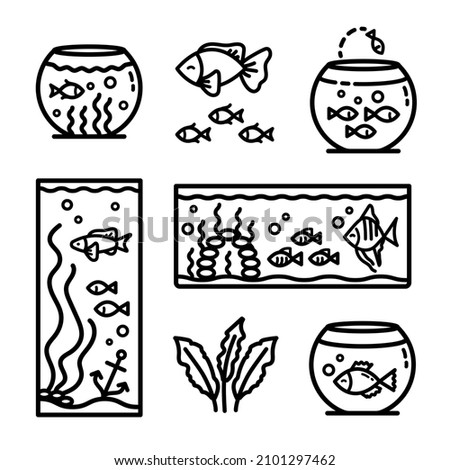 Aquarium tanks outline icons set, different types of aquariums with plants and fish. Vector Illustrations isolated on white.