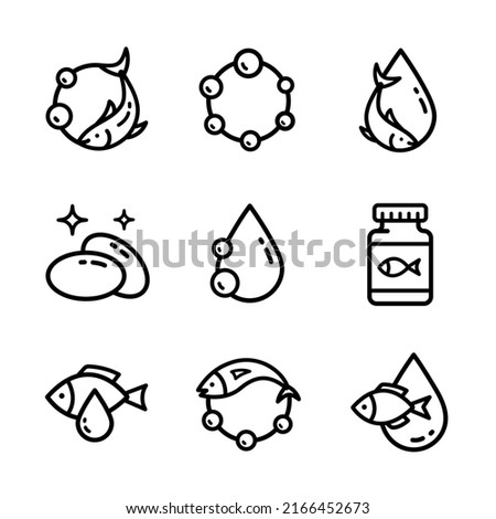 Set of fish oil icon isolated on white background. Fish oil vector signs collection. Vitamin omega 3 template. Drops and fish silhouette. Outline style. Treatment nutrition skin care vector design.