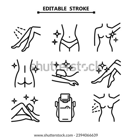 Laser hair removal icons. Outline epilation line icons. Apparatus, equipment. Vector illustration. Editable stroke.