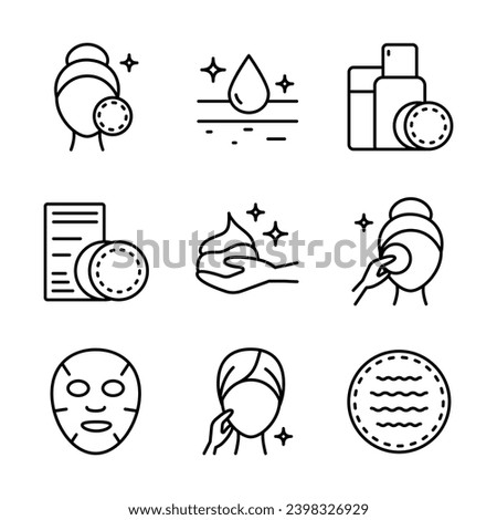 Makeup removal and skin care icons set. Simple outline style. Face, beauty, health, woman, healthy, mask, clean, fresh, girl, cleansing concept. Vector illustration isolated on white background. Aesth