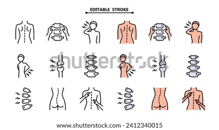 Chiropractic line icon set. Editable stroke. Chiropractor icons set. Outline set of chiropractor vector icons. Chiropractor, spline treatment, massage, Osteopath, Osteopathy, joint recovery, and more.