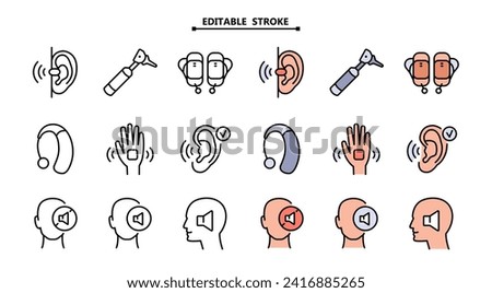 Hearing aid icons set. Editable stroke. Volume booster for ears, for the deaf old and young. Search auditory. For better hearing, color icon collection.