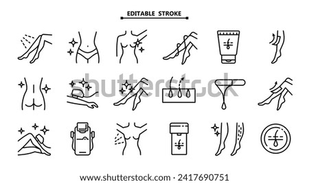 Laser hair removal icons set. Editable stroke. Laser epilation line icons. Hair removal signs. Epilation equipment. Vector illustration.