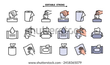 Textile towel, wet and paper napkins color vector public sanitary icons set. Editable stroke. Sanitary and hygiene towel for bathroom or restroom simple illustration collection isolated on white.