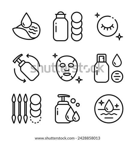 Makeup removal and skin care icons set. Simple outline style. Face, beauty, health, woman, healthy, mask, clean, fresh, girl, cleansing concept. Vector illustration isolated on white background. Aesth