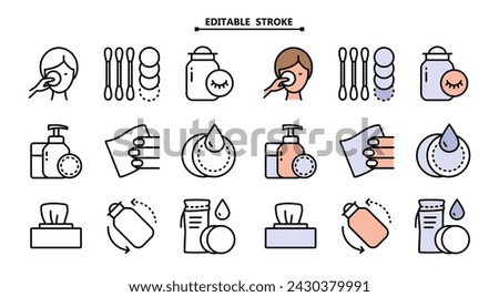 Facial make up removal concept. Editable stroke. Simple flat style vector illustration isolated on white background. Face, beauty, health, woman, healthy, mask, clean, girl, cleansing concept.