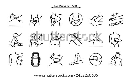 Laser hair removal line icons set. Editable stroke. Outline epilation symbols. Apparatus, equipment. Vector illustration isolated on white.