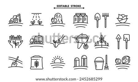 Agriculture and gardener outline icons. Editable Stroke. Contains such Icons as Agricultural tools, Silo, Haystack, Grain, Watering, Wheelbarrow and more. Vector illustration isolated on white.