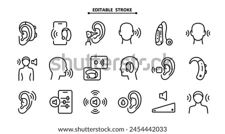 Hearing aid outline icons set. Editable stroke. Volume booster for ears, for the deaf old and young. For better hearing, simple icon collection.