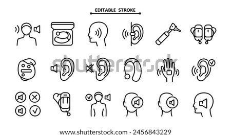 Hearing aid line icons set. Editable stroke. Auditory. Ear and hearing aid. Not listen. Search auditory. Vector Icons Set. Simple Style Pictogram. For better hearing, icon collection.