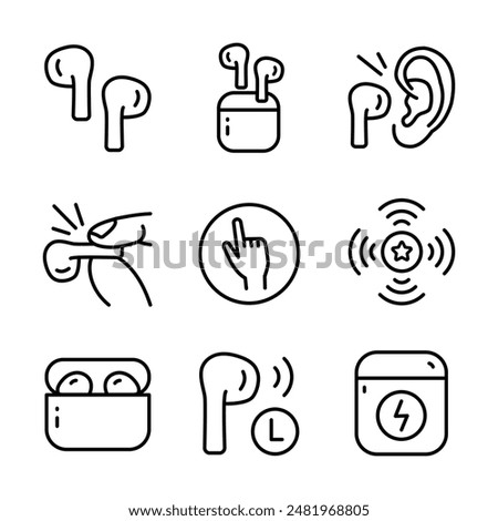 Wireless earbud outline icons set. Vector line icon for web design isolated on white background.