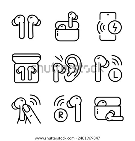 Wireless earbud outline icons set. Vector line icon for web design isolated on white background.