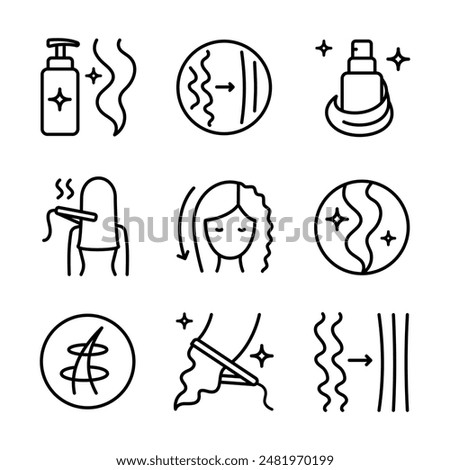 Hair straightener icons set for hair care treatment and beauty or woman salon, outline vector. Hair straightener appliance for female haircut straightening and haircare cosmetic treatment symbols