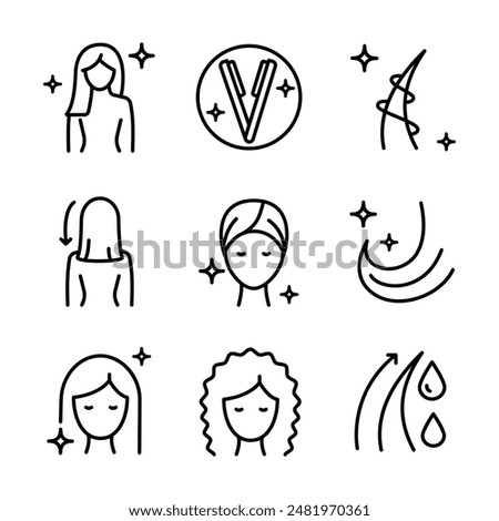 Hair straightener icons set for hair care treatment and beauty or woman salon, outline vector. Hair straightener appliance for female haircut straightening and haircare cosmetic treatment symbols