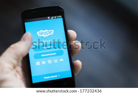 HILVERSUM, NETHERLANDS - FEBRUARY 14, 2014: Skype is a voice-over-IP service and instant messaging client, developed by the Microsoft Skype Division. The name was derived from \