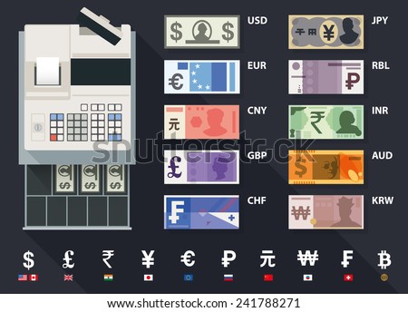 Vector cash register and currency set