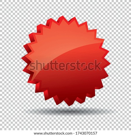 Promo sale badge or starburst sticker 3d icon, logo isolated design on checked transparent background, copy space for individual text. Vector illustration. Eps 10 vector file.