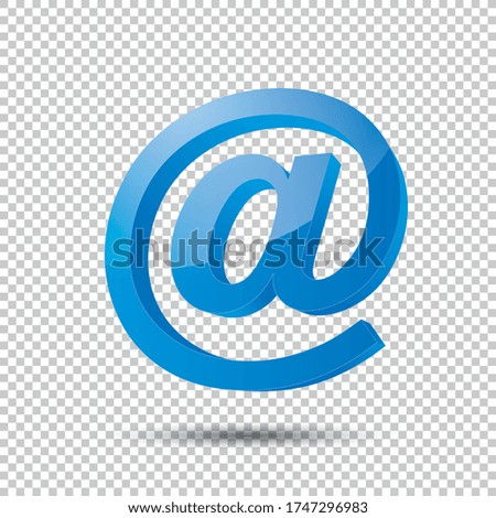 Email sign or at mail icon in 3D design and blue Color on the checked transparent background. Vector illustration. Eps 10 vector file.
