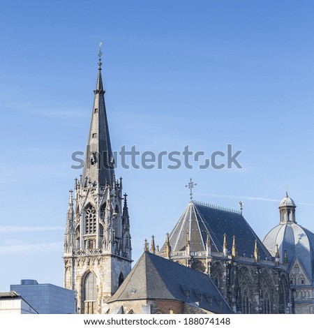 Aachener Dom Cathedral (in German: Kaiserdom) with St. Foillan parish Church in Aachen Germany, listed under the UNESCO world heritage sites