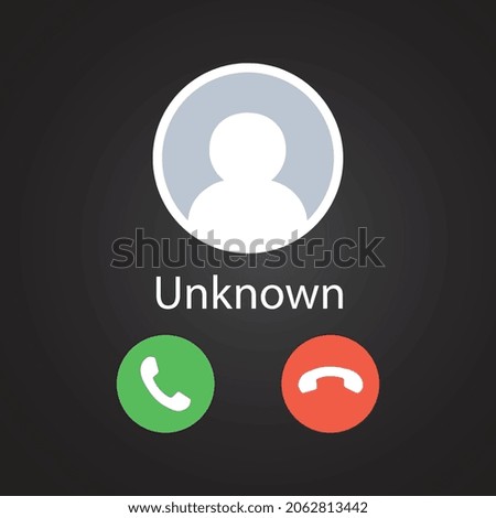 Unknown, Stalker or No Caller ID. Phone interface with two icons accept or reject a call on black background. Vector illustration. Eps 10 vector file.