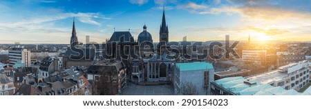Aachen city panorama with Cathedral (Dom) at sunset, germany