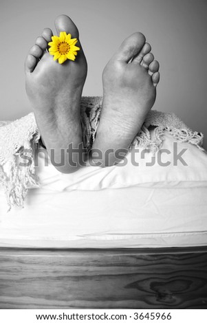 Mono feet at the end of the bed with color flower