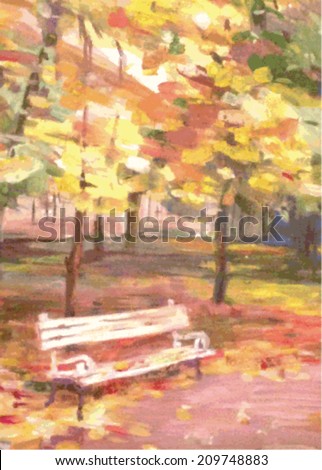Vector pictorial image of the autumn landscape with bench and fallen leaves