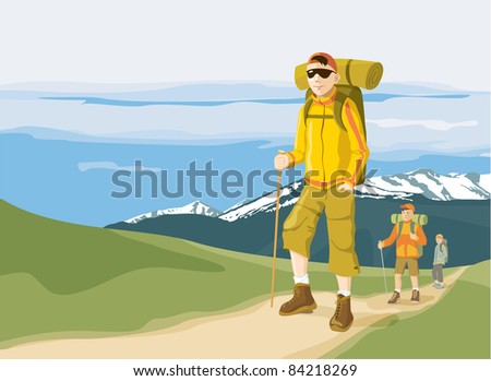 Group of three hikers in the mountain - trekking adventure. Vector illustration