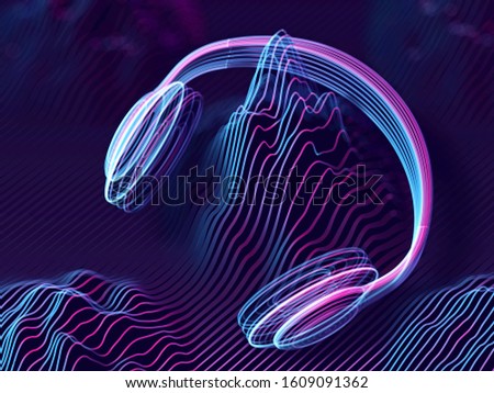 3D headphones with sound waves on dark background. Abstract visualization of digital sound and cyber space. Concept of electronic music listening. Digital audio equipment. EPS 10 vector illustration.