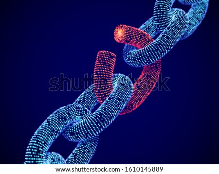 Broken chain link. The concept of Data Protection technology: weak link in the system of digital data transfer. Hacker Attack on network. Blockchain and crypto background. EPS 10 vector illustration.