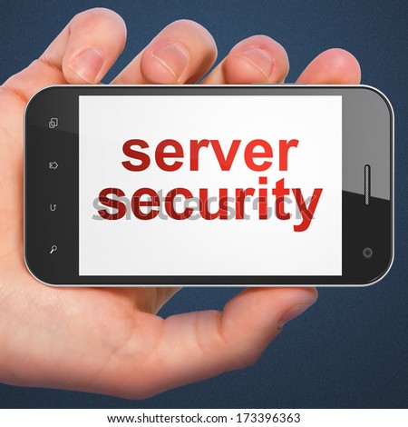 Security concept: hand holding smartphone with word Server Security on display. Mobile smart phone on Blue background, 3d render