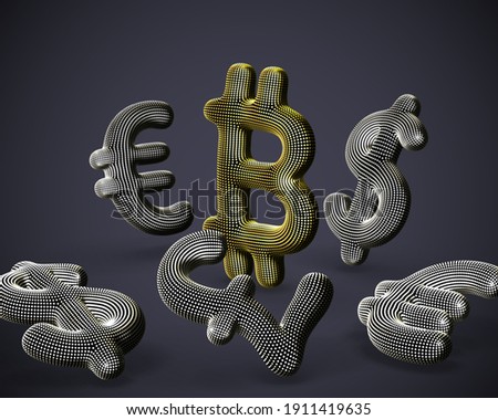 Digital golden 3D Bitcoin cryptocurrency logo surrounded by scattered fiat currencies signs on gray background. Concept of crypto investing and stock exchange trading. Vector illustration, EPS 10.