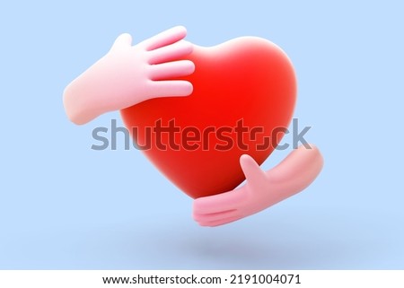 3D cartoon human hands hugging red heart on blue background. Abstract concept of wedding, friendship and family. Two cartoon style funny open woman palms hugging heart. Vector illustration.