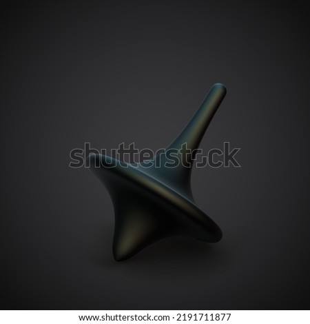 Black 3D spinning top on dark background. Concept of endless movement, abstract visualization of chaos and balance. Golden rotating whirligig toy, EPS 10, vector illustration.