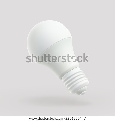 3D LED white light bulb on gray background. Concept of modern eco-friendly technology, green energy and business idea. Home equipment - realistic electric lamp, vector illustration.