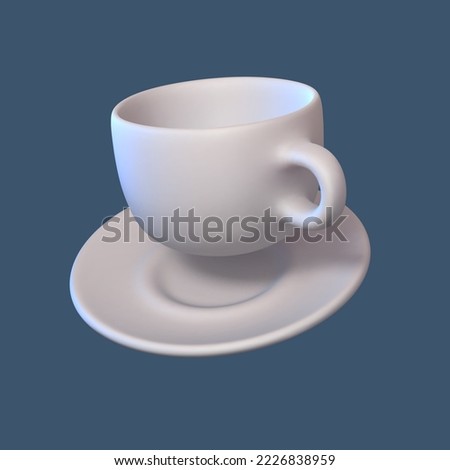3D realistic ceramic cup with saucer on blue background. Empty white porcelain cup for tea, coffee or other hot drink. Mockup of mug on plate for restaurant and cafe. Vector illustration.