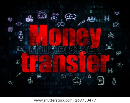 Finance concept: Pixelated red text Money Transfer on Digital background with  Hand Drawn Business Icons, 3d render