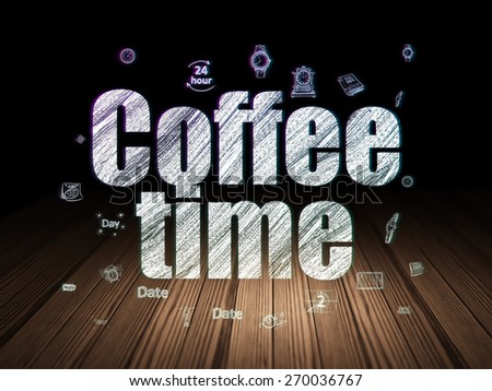 Time concept: Glowing text Coffee Time,  Hand Drawing Time Icons in grunge dark room with Wooden Floor, black background, 3d render