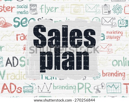Advertising concept: Painted black text Sales Plan on White Brick wall background with  Hand Drawn Marketing Icons, 3d render