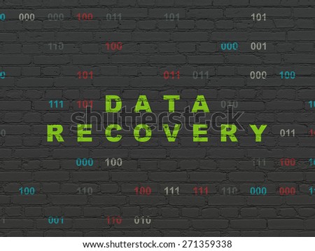 Information concept: Painted green text Data Recovery on Black Brick wall background with Binary Code, 3d render
