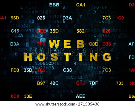 Web development concept: Pixelated yellow text Web Hosting on Digital wall background with Hexadecimal Code, 3d render