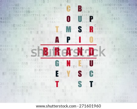 Marketing concept: Painted red word Brand in solving Crossword Puzzle on Digital Paper background, 3d render