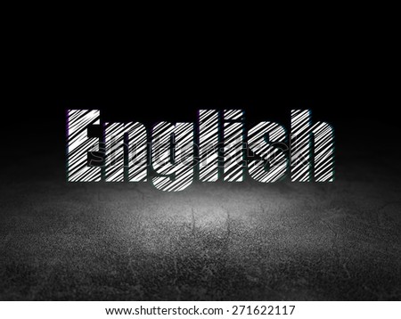 Education concept: Glowing text English in grunge dark room with Dirty Floor, black background, 3d render